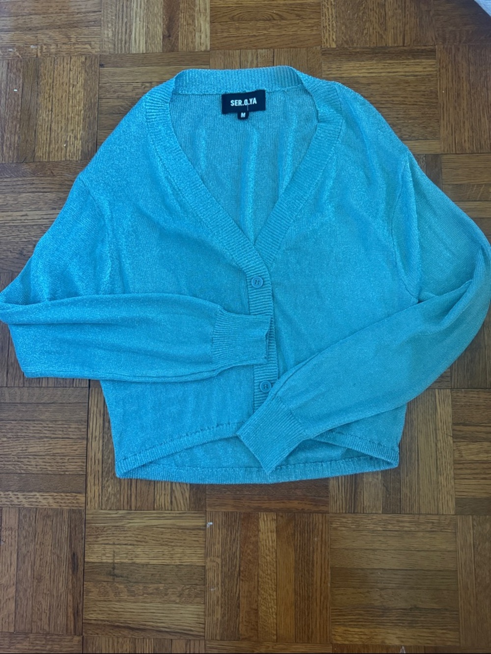 SER.O.YA Teal Cropped V-Neck Button Cardigan